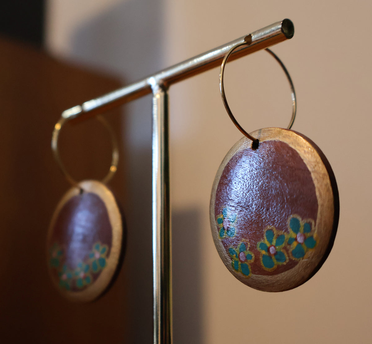 Gold & Teal Flowers Wood Hoop Earrings