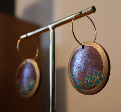 Gold & Teal Flowers Wood Hoop Earrings