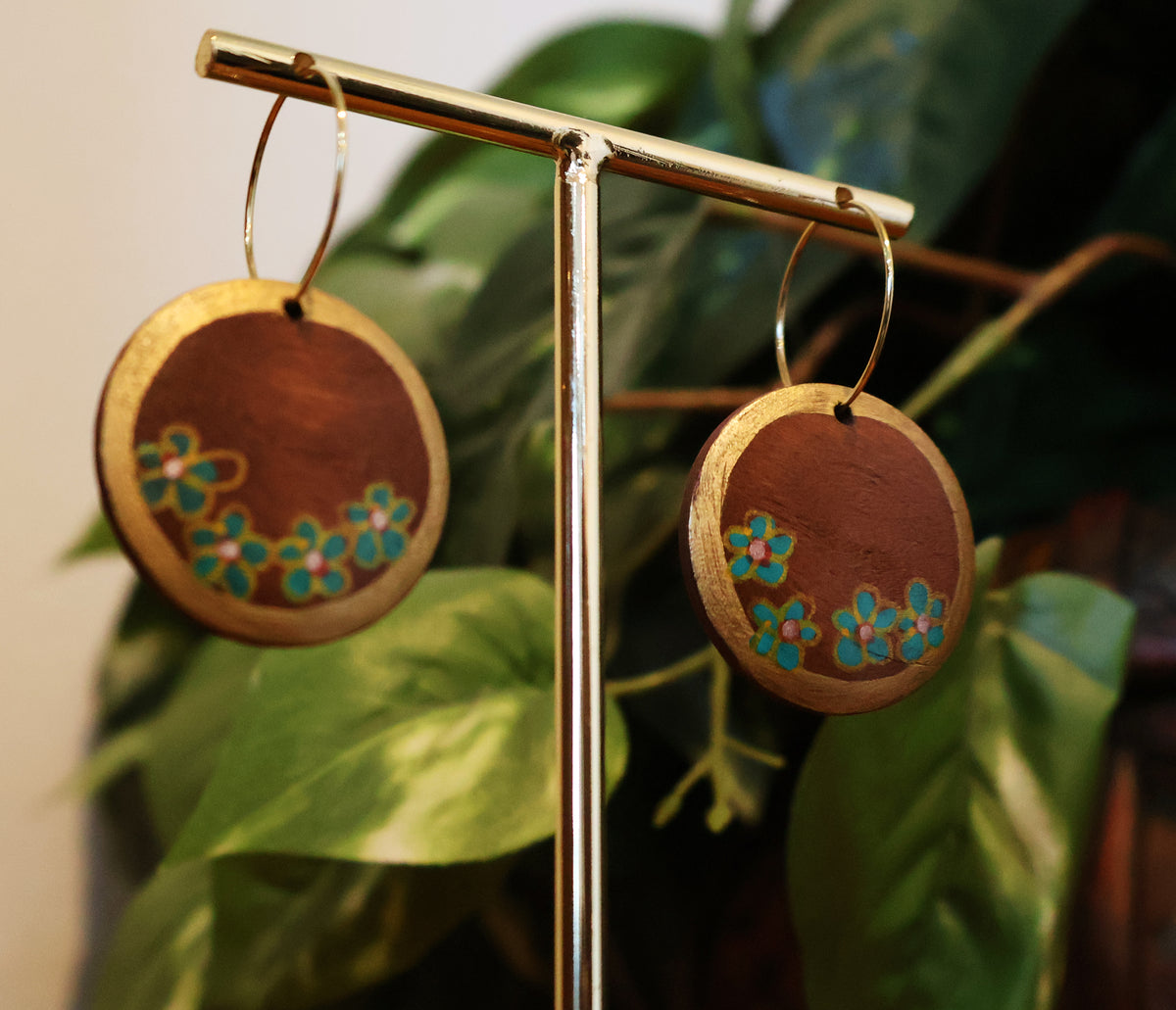 Gold & Teal Flowers Wood Hoop Earrings