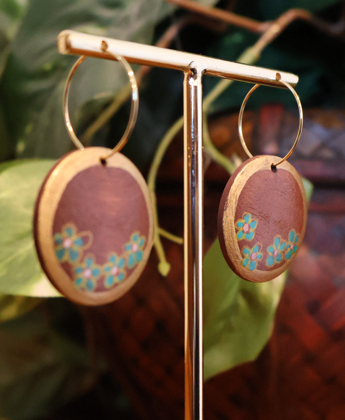 Gold & Teal Flowers Wood Hoop Earrings