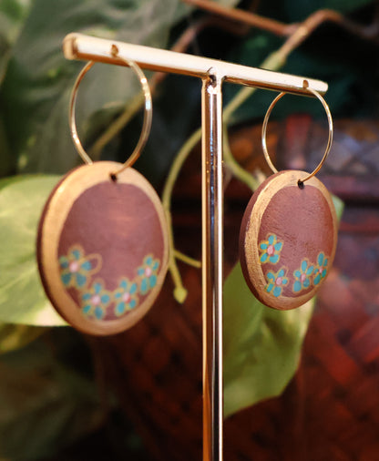 Gold & Teal Flowers Wood Hoop Earrings