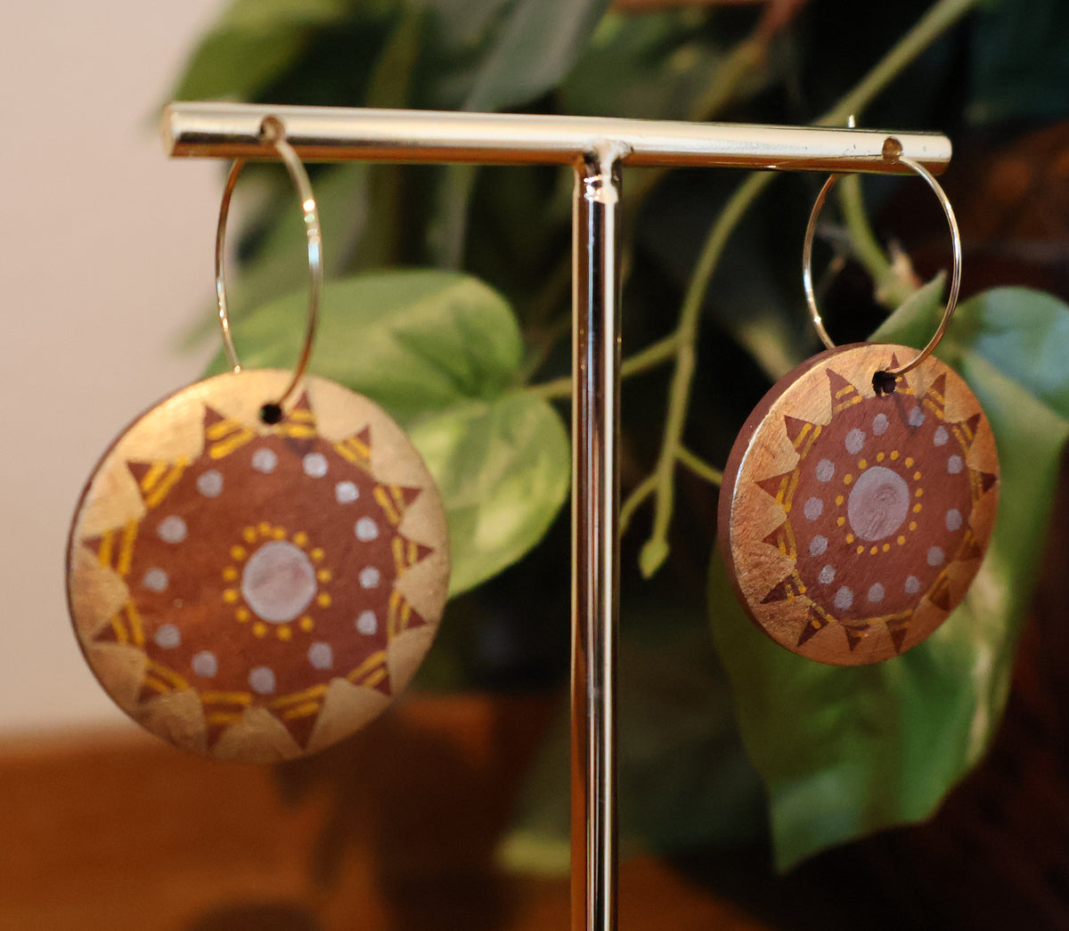 Gold & Silver Sunburst Wood Hoop Earrings