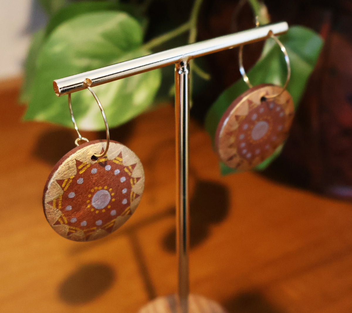 Gold & Silver Sunburst Wood Hoop Earrings