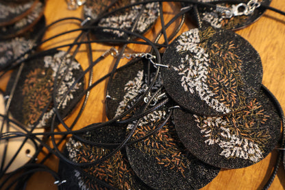 Upcycled Pashmina Embroidery Pendant Necklace – Black & Metallic Thread