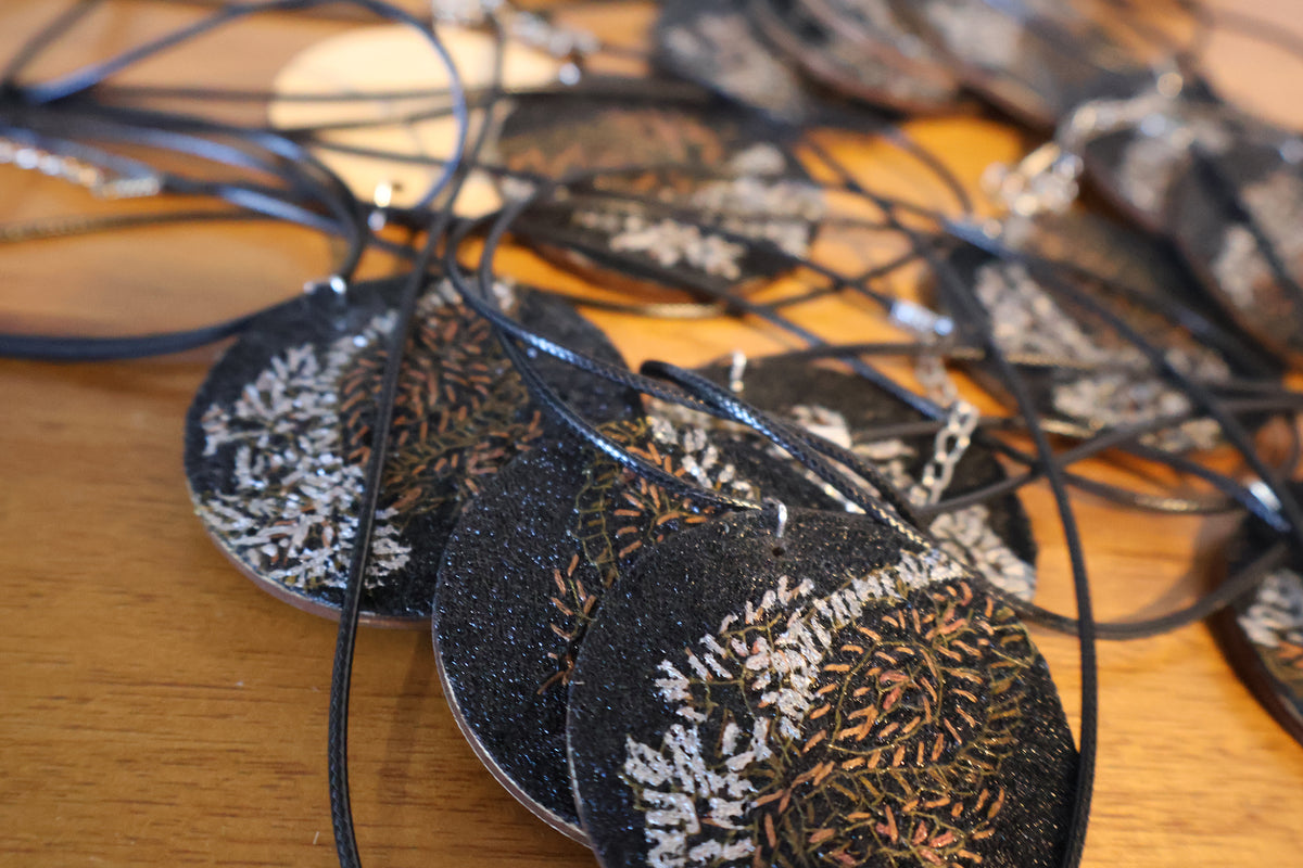Upcycled Pashmina Embroidery Pendant Necklace – Black & Metallic Thread