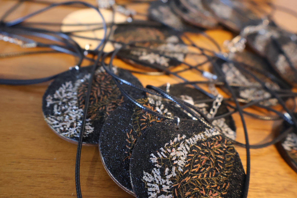 Upcycled Pashmina Embroidery Pendant Necklace – Black & Metallic Thread