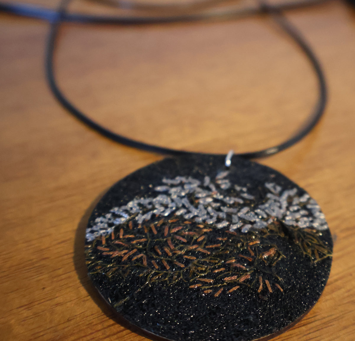 Upcycled Pashmina Embroidery Pendant Necklace – Black & Metallic Thread