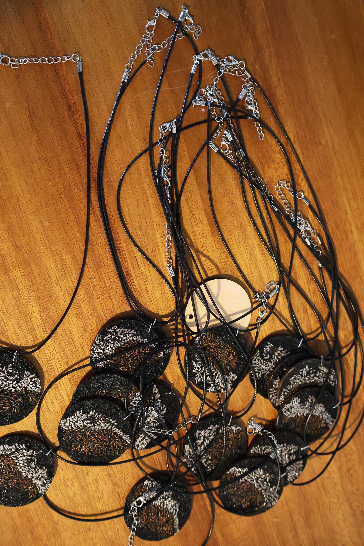 Upcycled Pashmina Embroidery Pendant Necklace – Black & Metallic Thread