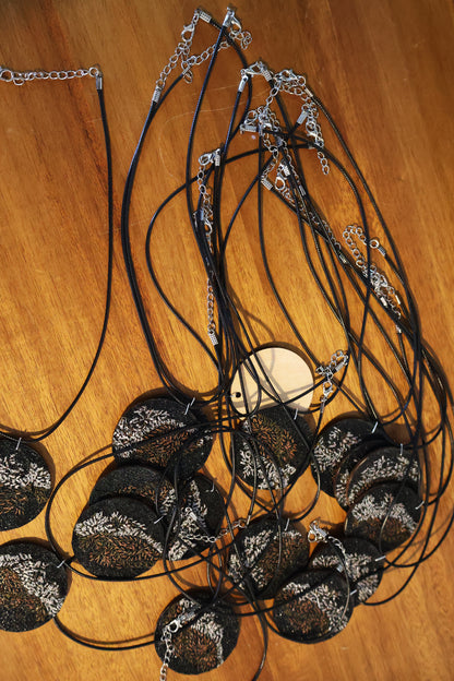 Upcycled Pashmina Embroidery Pendant Necklace – Black & Metallic Thread