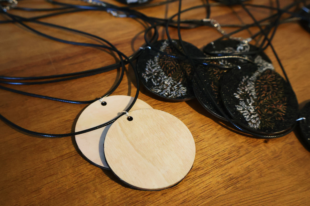 Upcycled Pashmina Embroidery Pendant Necklace – Black & Metallic Thread