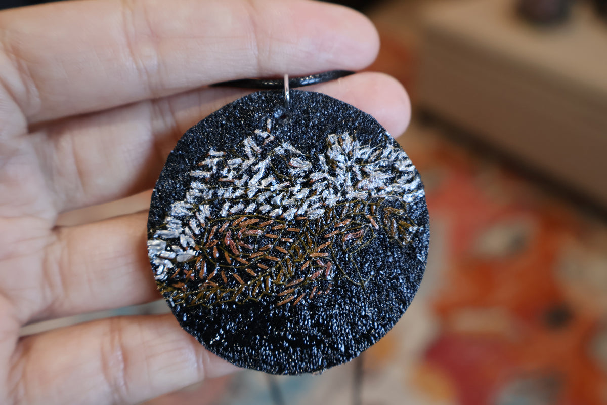 Upcycled Pashmina Embroidery Pendant Necklace – Black & Metallic Thread