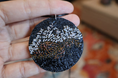 Upcycled Pashmina Embroidery Pendant Necklace – Black & Metallic Thread