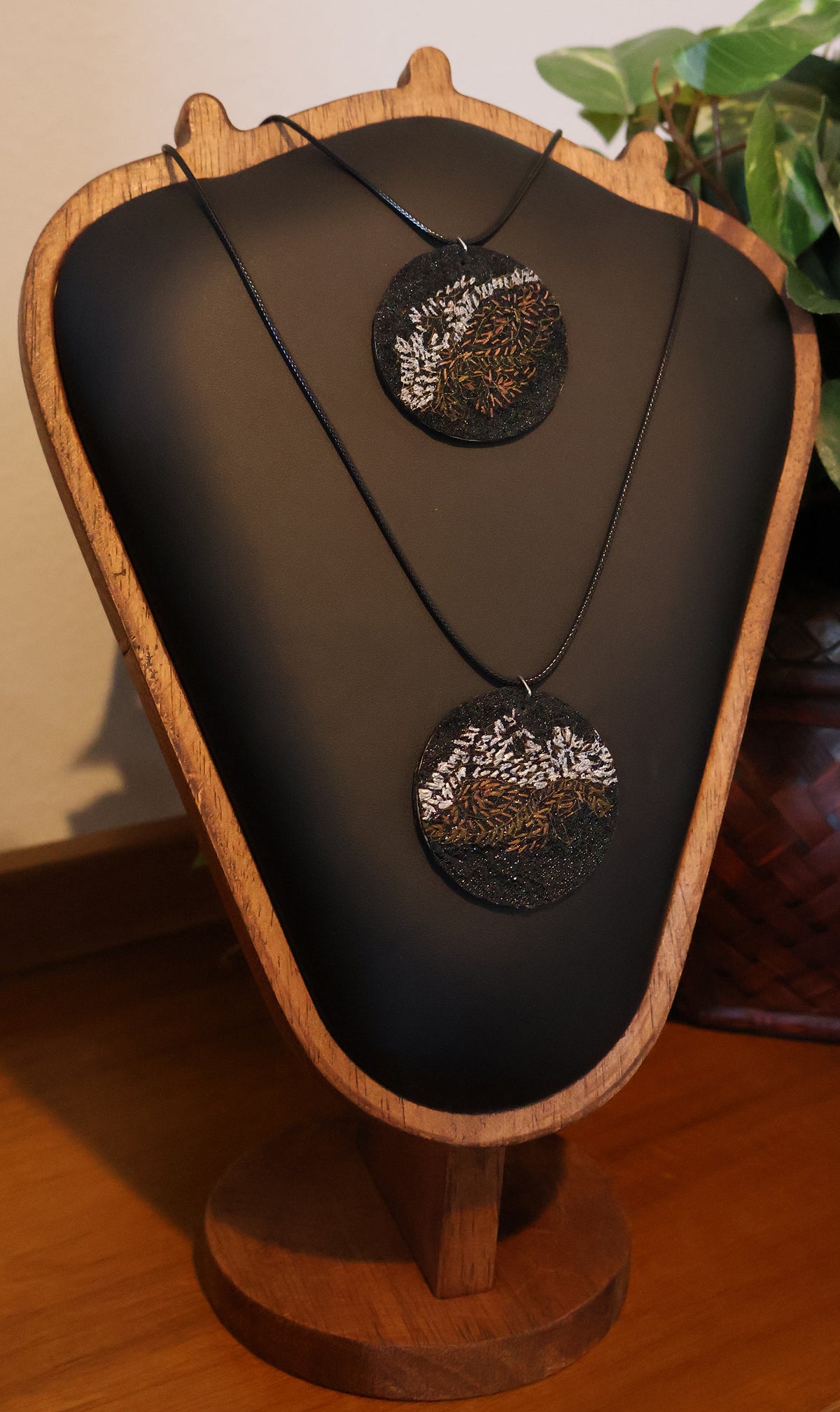 Upcycled Pashmina Embroidery Pendant Necklace – Black & Metallic Thread