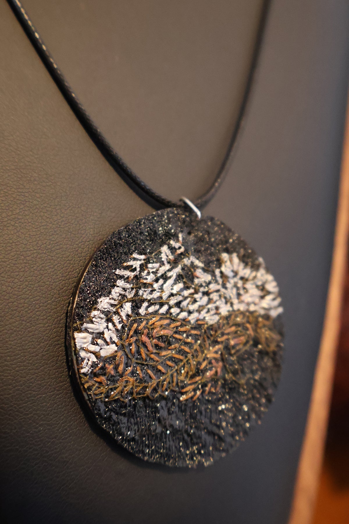 Upcycled Pashmina Embroidery Pendant Necklace – Black & Metallic Thread
