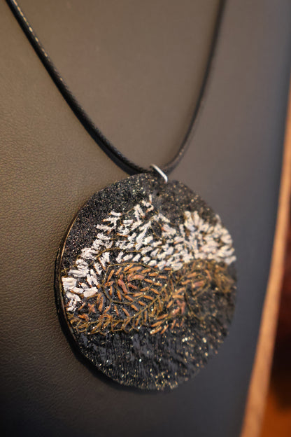 Upcycled Pashmina Embroidery Pendant Necklace – Black & Metallic Thread
