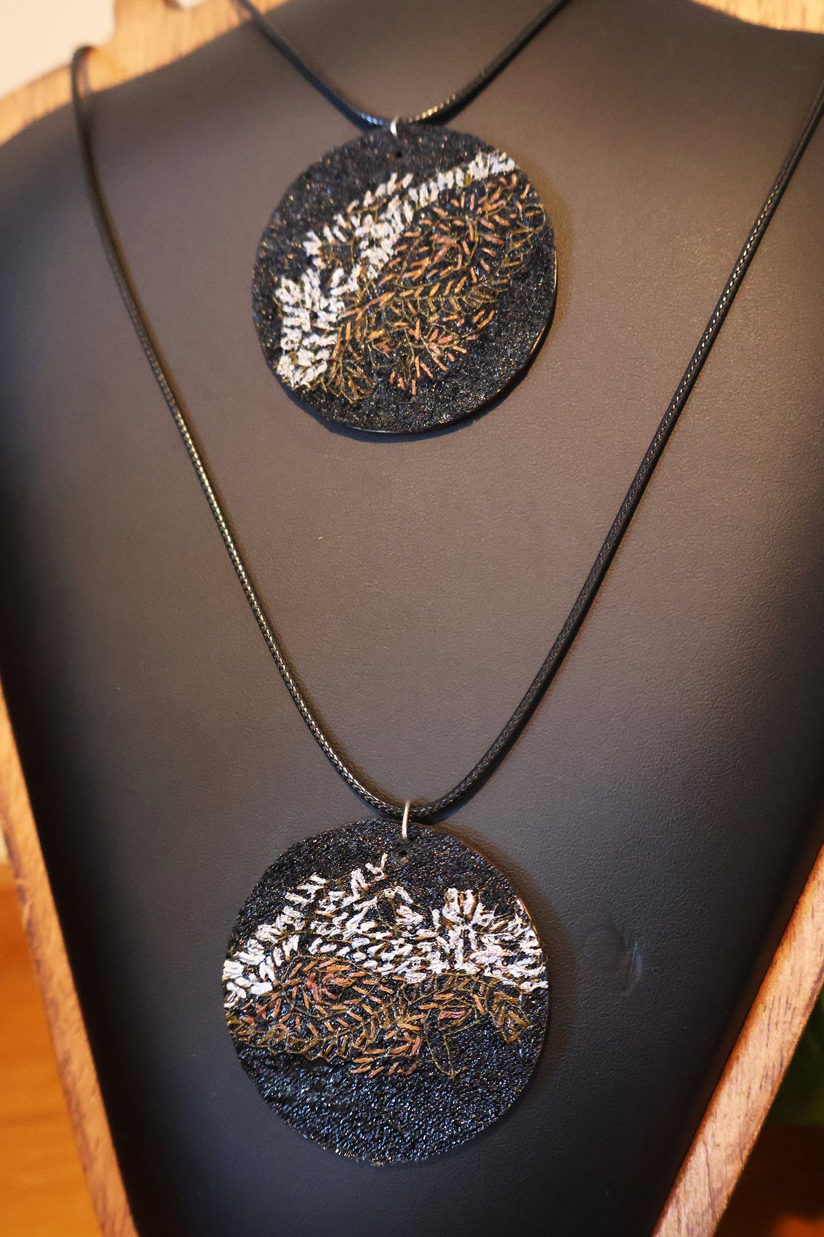 Upcycled Pashmina Embroidery Pendant Necklace – Black & Metallic Thread
