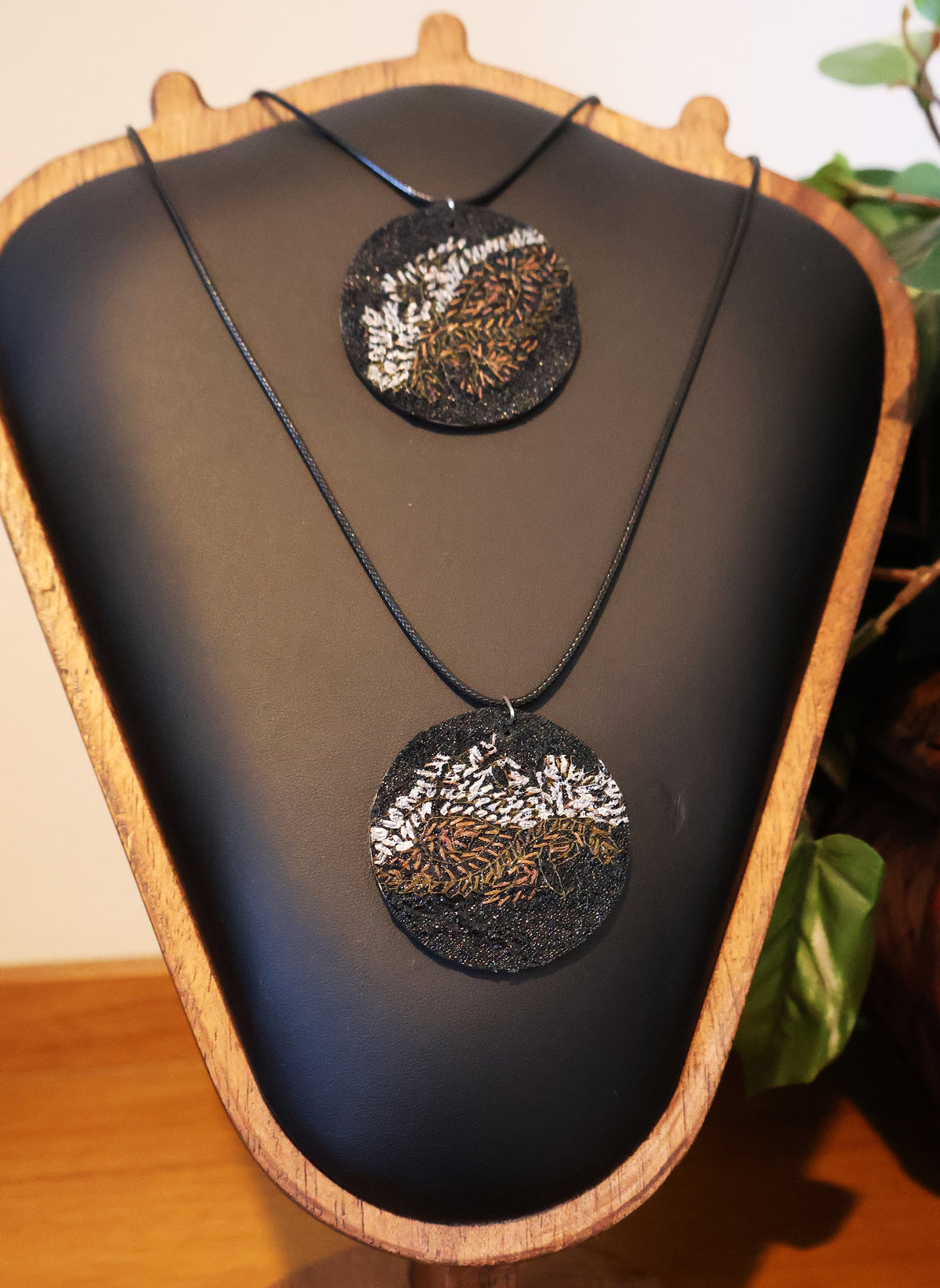 Upcycled Pashmina Embroidery Pendant Necklace – Black & Metallic Thread