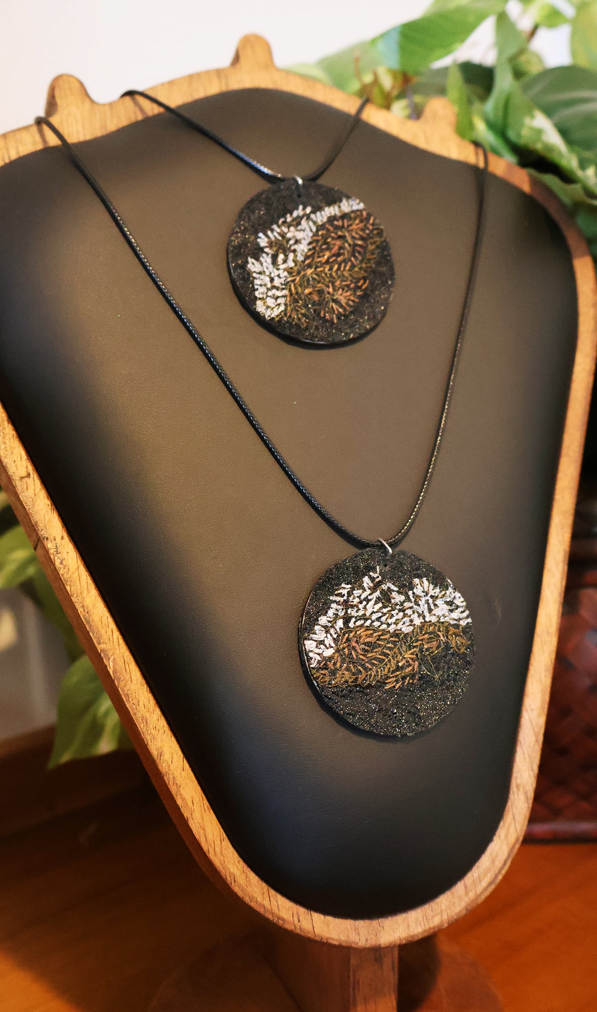 Upcycled Pashmina Embroidery Pendant Necklace – Black & Metallic Thread