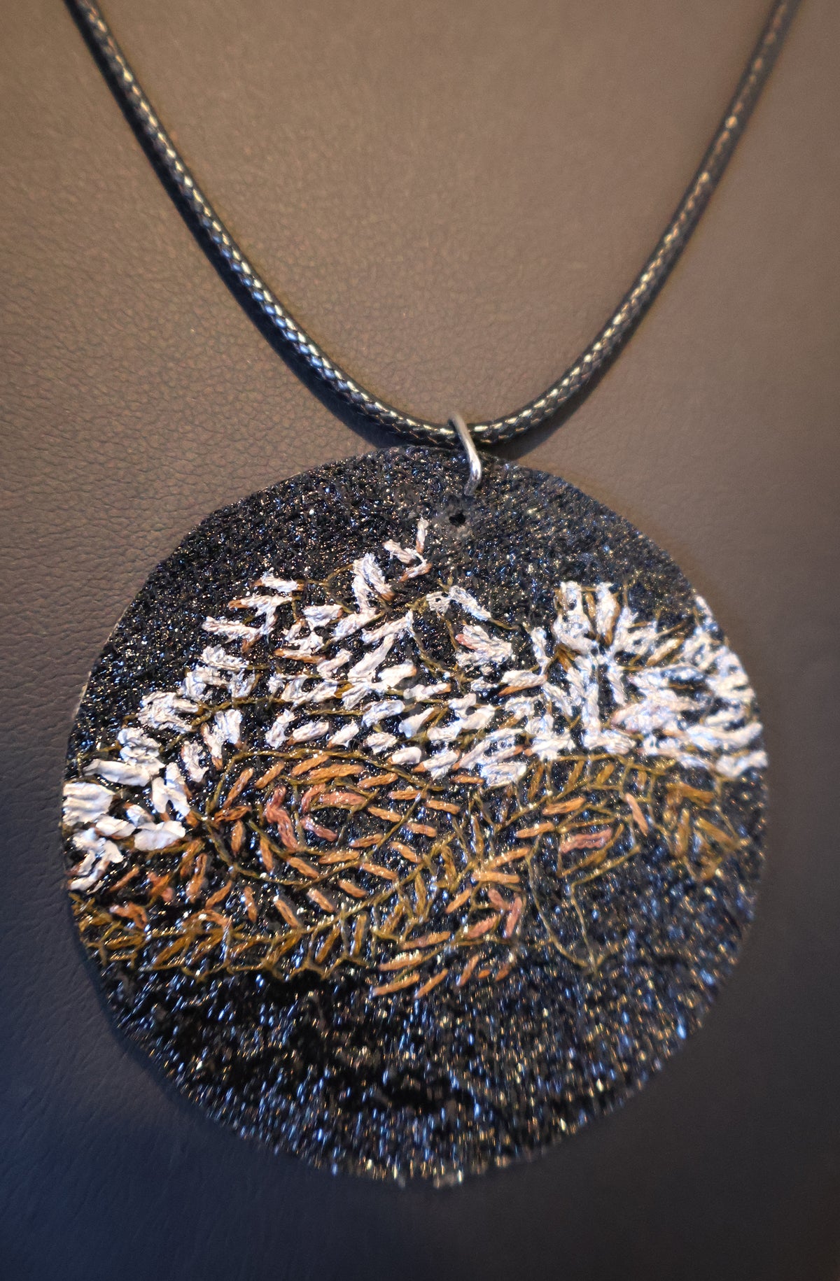 Upcycled Pashmina Embroidery Pendant Necklace – Black & Metallic Thread