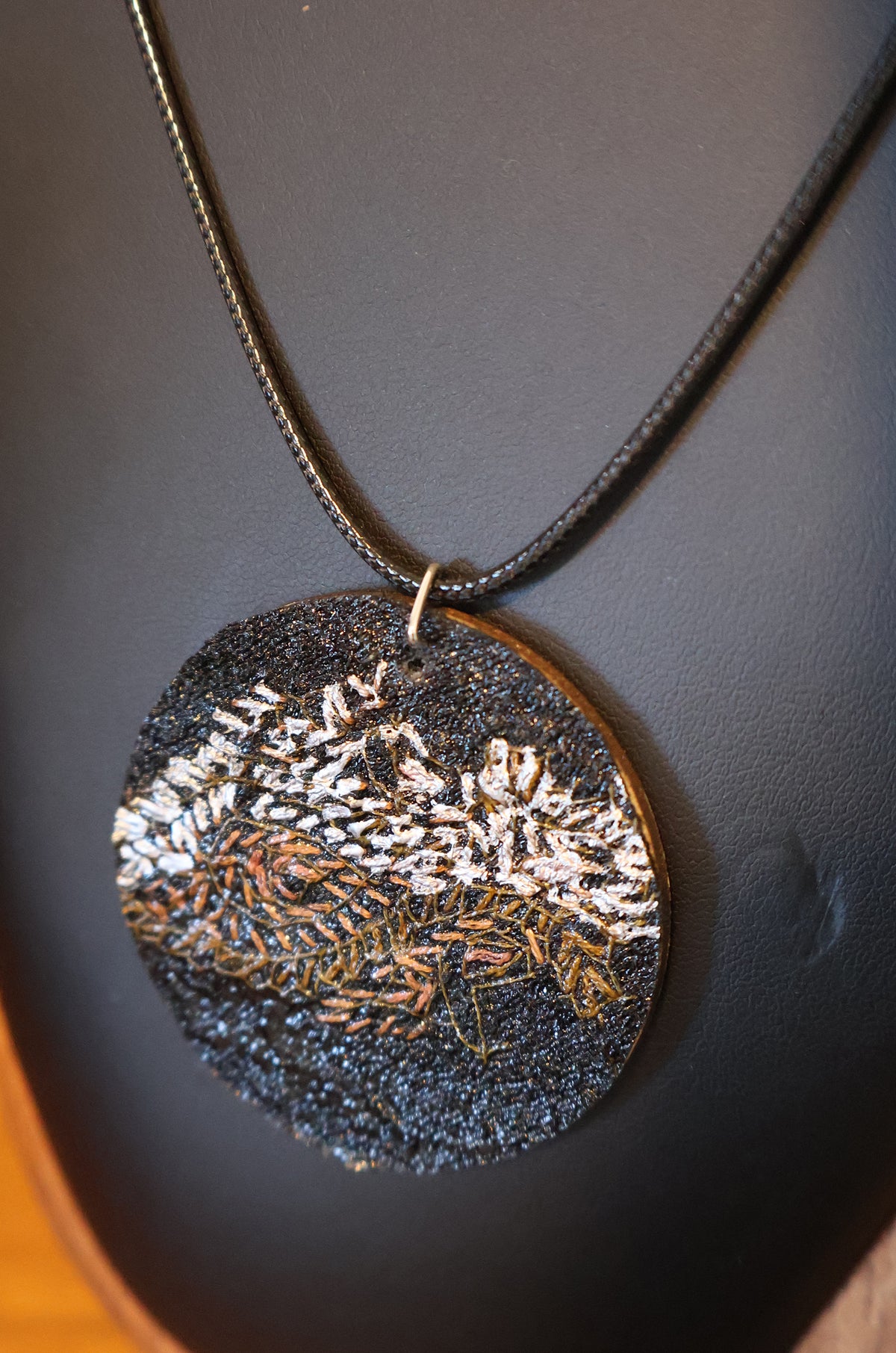 Upcycled Pashmina Embroidery Pendant Necklace – Black & Metallic Thread