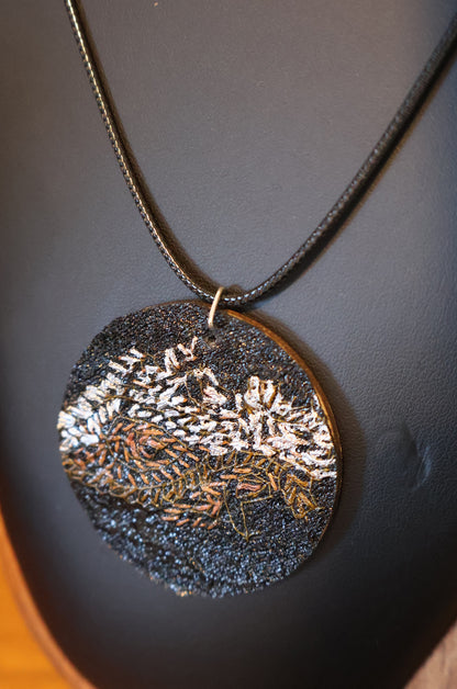 Upcycled Pashmina Embroidery Pendant Necklace – Black & Metallic Thread