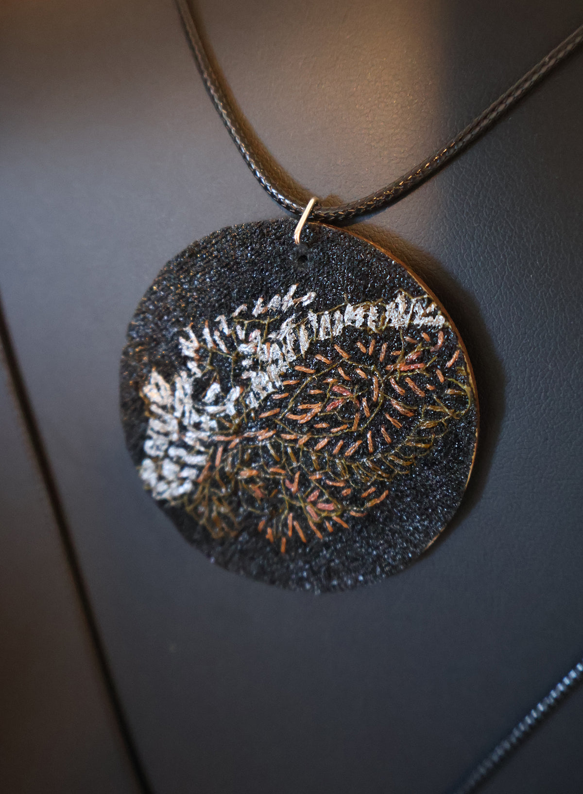 Upcycled Pashmina Embroidery Pendant Necklace – Black & Metallic Thread