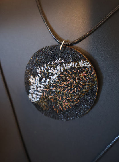 Upcycled Pashmina Embroidery Pendant Necklace – Black & Metallic Thread