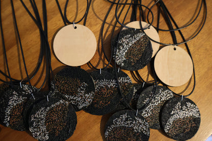 Upcycled Pashmina Embroidery Pendant Necklace – Black & Metallic Thread
