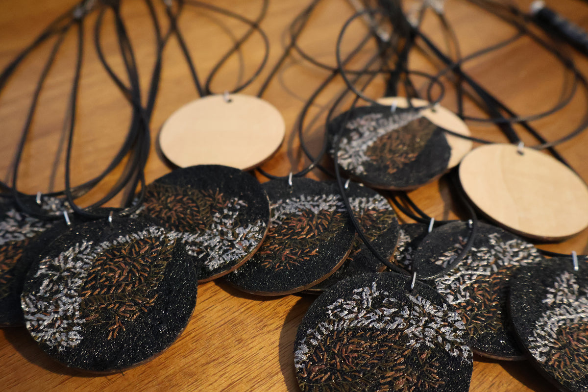 Upcycled Pashmina Embroidery Pendant Necklace – Black & Metallic Thread