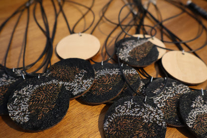 Upcycled Pashmina Embroidery Pendant Necklace – Black & Metallic Thread