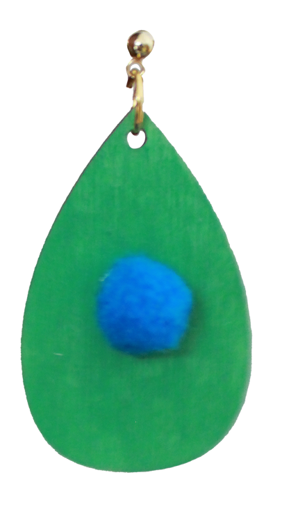 Green with Blue Pom Pom Teardrop Earrings