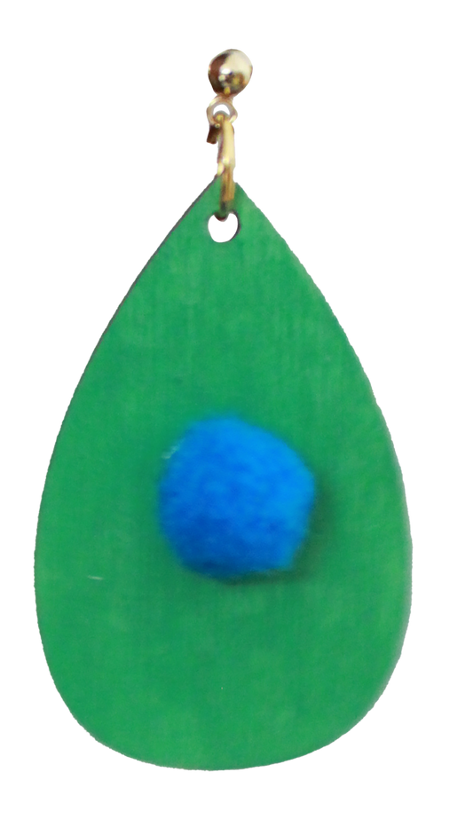 Green with Blue Pom Pom Teardrop Earrings