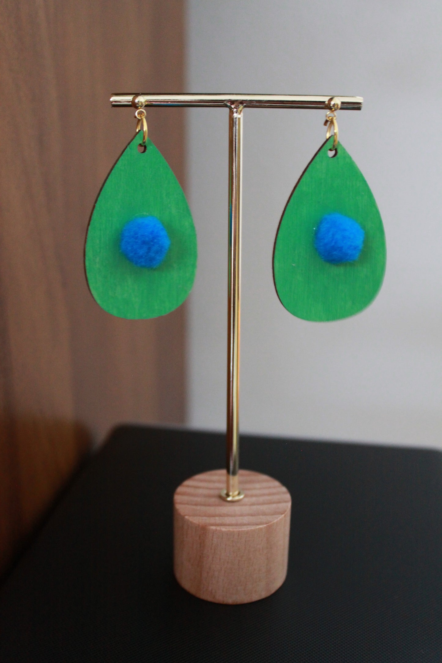 Green with Blue Pom Pom Teardrop Earrings