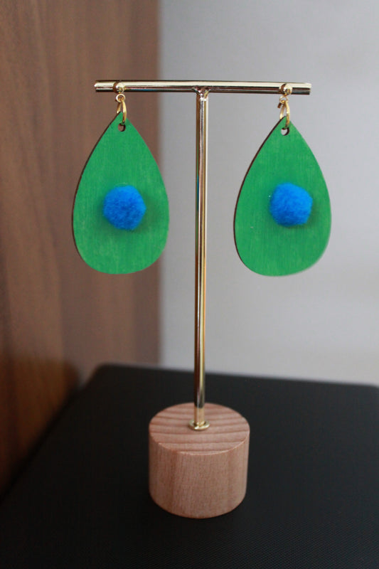 Green with Blue Pom Pom Teardrop Earrings