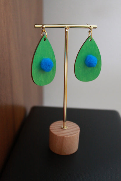 Green with Blue Pom Pom Teardrop Earrings