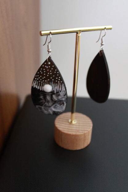 Brown with Black and White Marbled Pattern and White Pom Pom Teardrop Earrings