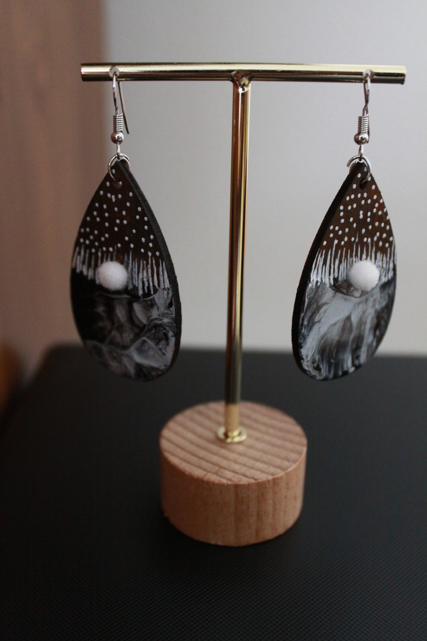 Brown with Black and White Marbled Pattern and White Pom Pom Teardrop Earrings
