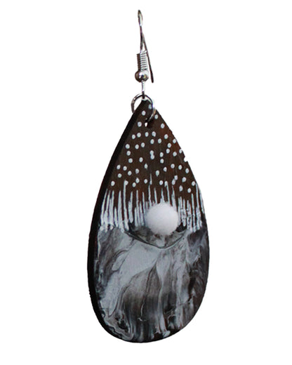 Brown with Black and White Marbled Pattern and White Pom Pom Teardrop Earrings