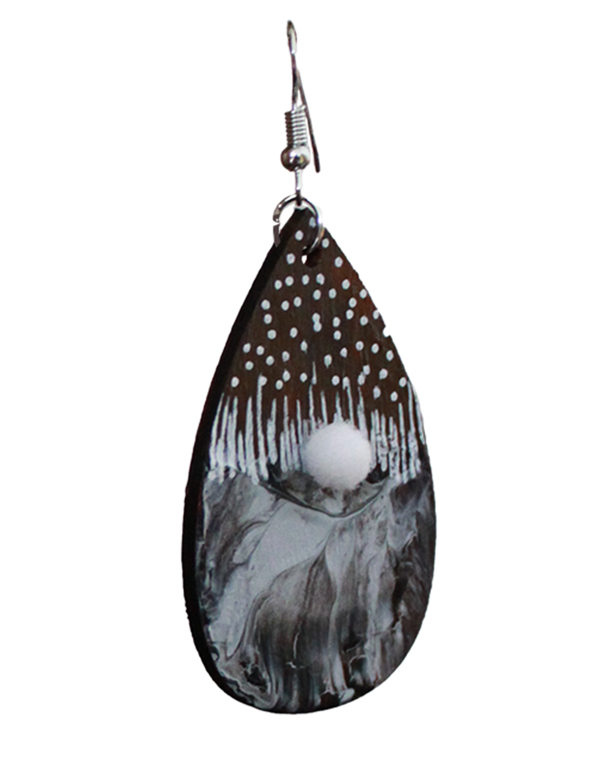 Brown with Black and White Marbled Pattern and White Pom Pom Teardrop Earrings