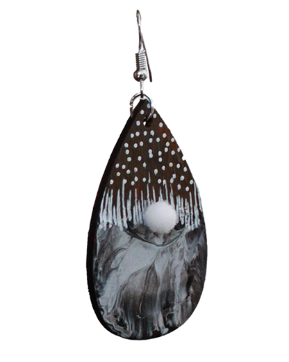 Brown with Black and White Marbled Pattern and White Pom Pom Teardrop Earrings