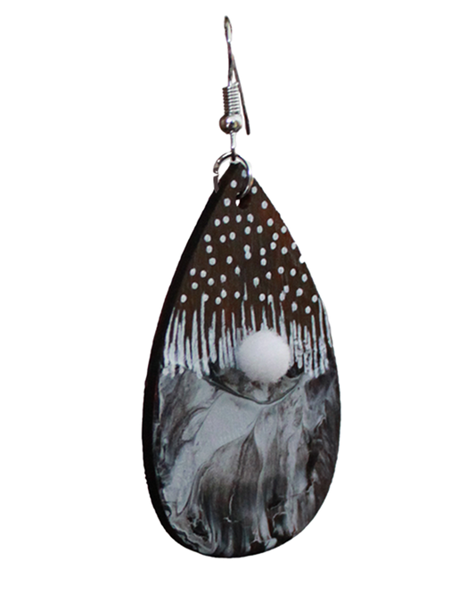 Brown with Black and White Marbled Pattern and White Pom Pom Teardrop Earrings