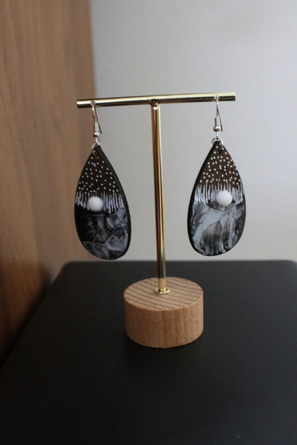 Brown with Black and White Marbled Pattern and White Pom Pom Teardrop Earrings