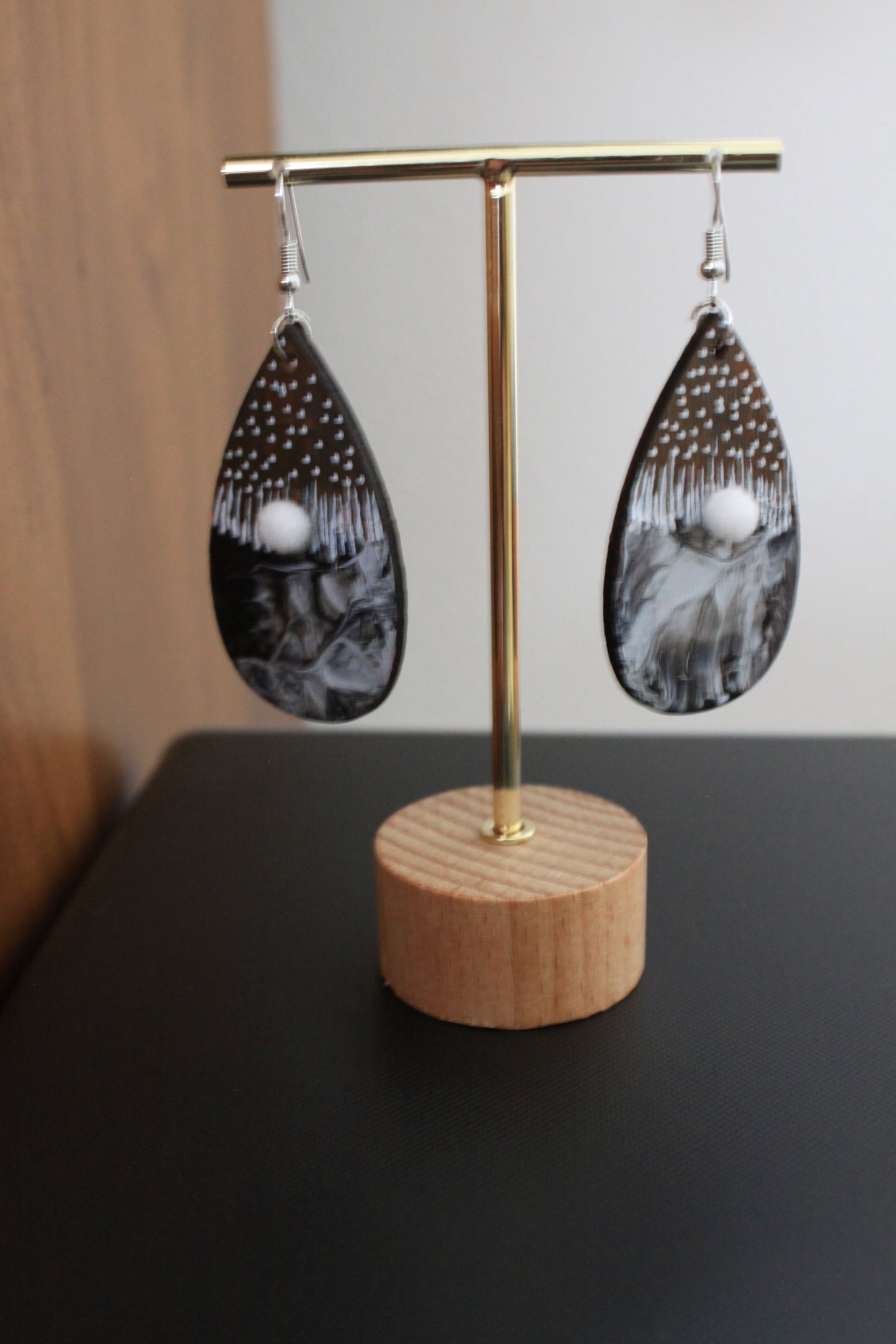 Brown with Black and White Marbled Pattern and White Pom Pom Teardrop Earrings