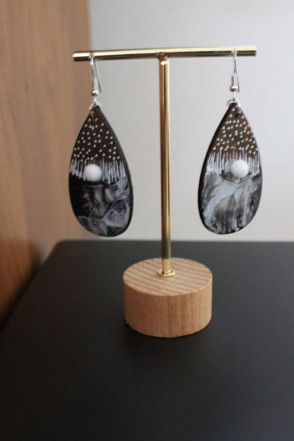 Brown with Black and White Marbled Pattern and White Pom Pom Teardrop Earrings