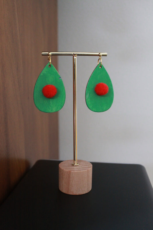 Green with Red Pom Pom Teardrop Earrings