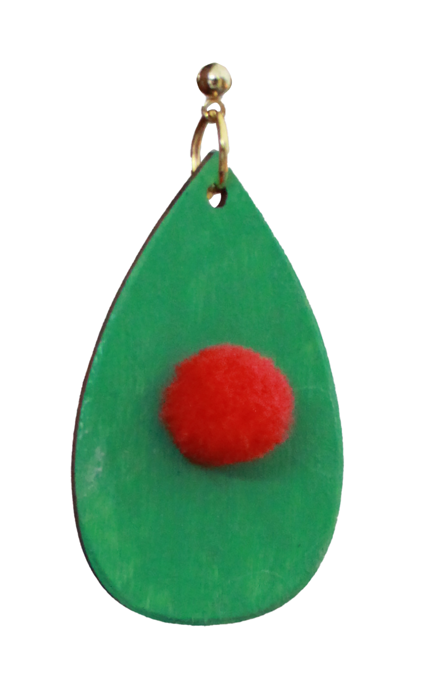 Green with Red Pom Pom Teardrop Earrings