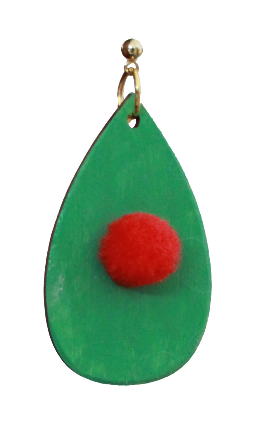 Green with Red Pom Pom Teardrop Earrings