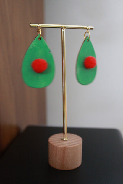 Green with Red Pom Pom Teardrop Earrings