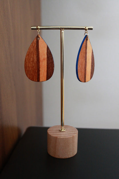 Brown Wood Straight Line Patterned Teardrop Earrings