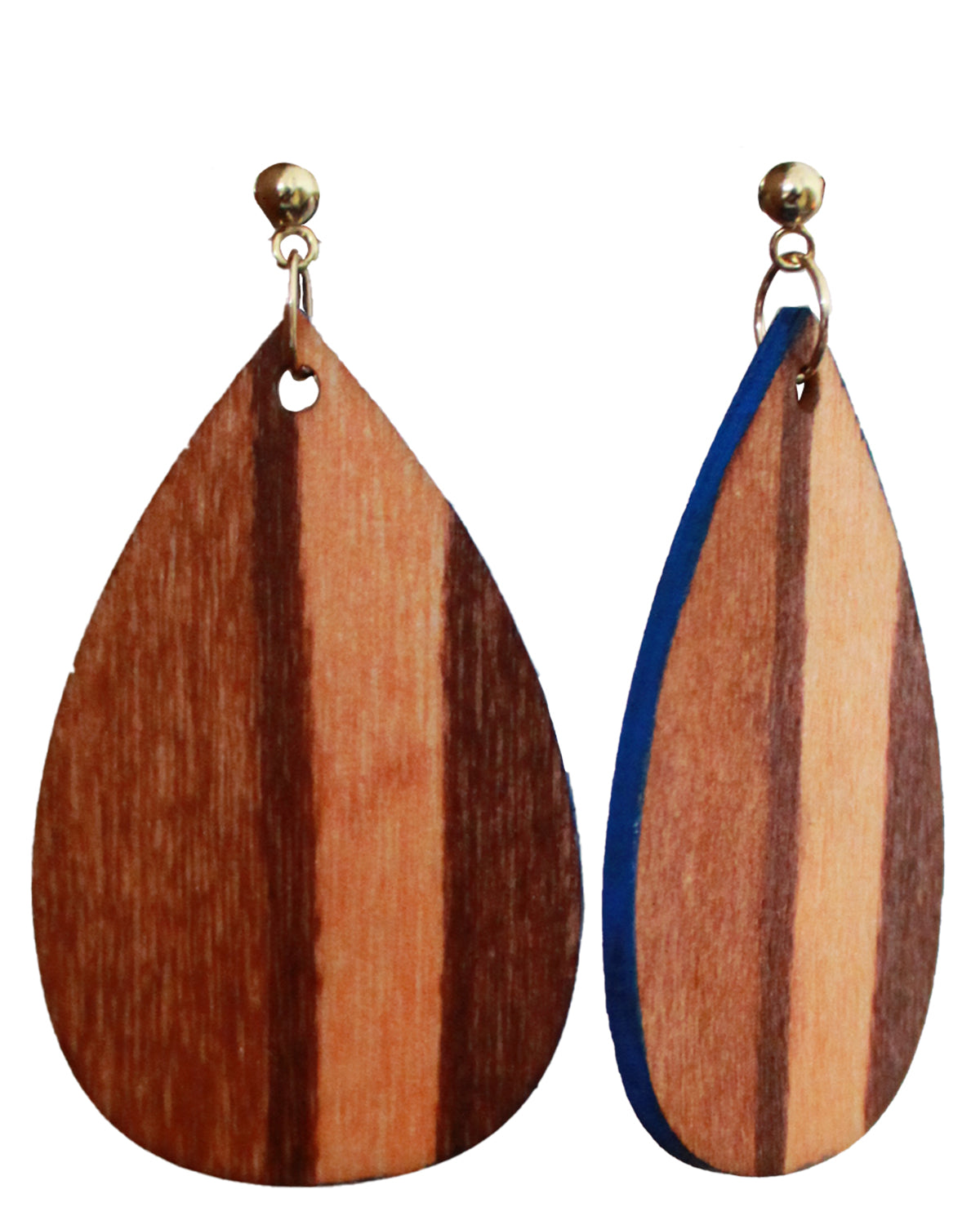 Brown Wood Straight Line Patterned Teardrop Earrings